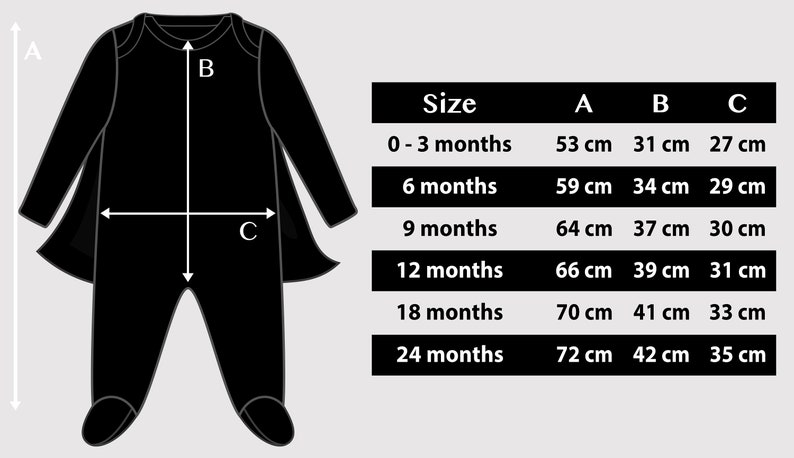 May include: Size chart for a black baby onesie with a cape. The chart shows measurements in inches for the length, chest, and width of the onesie. Sizes range from 0-3 months to 24 months.