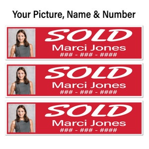 Real Estate Sign Rider, 9pk, SOLD, Picture, Name and Number, Red w/ White, Corrugated Plastic, Free Shipping