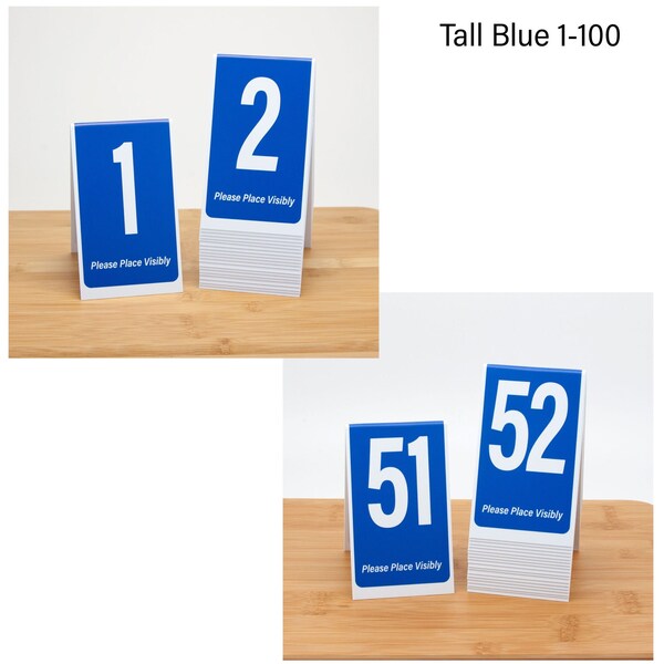 Plastic Table Numbers 1-100, Blue w/ White Numbers, Free Shipping