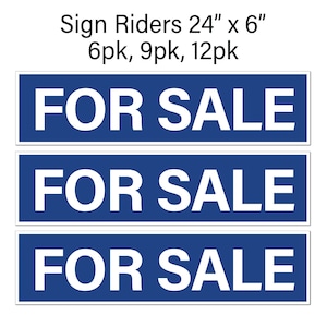 6pk Real Estate Sign Riders, FOR SALE, Blue w/ White, Corrugated Plastic, Free Shipping, Relator and Leasing Agent Signs