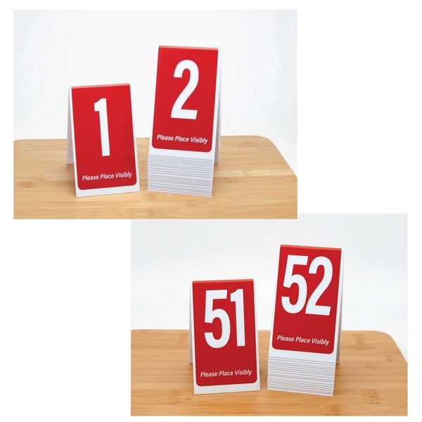 Plastic Table Numbers 1-100, Red w/ White Numbers, Free Shipping