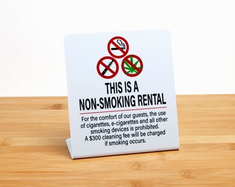 3pk Non-Smoking Rental Signs w/ Cleaning Fee, Plastic L Style Counter Display, Free Shipping, Vacation and Event Room Policy Sign