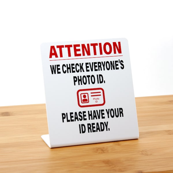 Check Photo ID Signs, 3 Pack, Plastic Counter Sign, Free Shipping