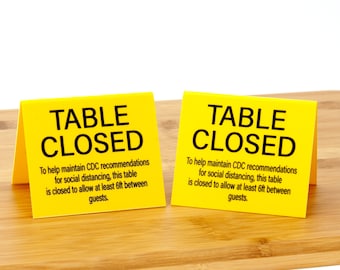 Table Closed Signs, Tent Style Plastic Signs, Yellow w/ black text, 20pk, Free Shipping