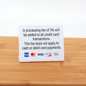 May include: A white rectangular sign with black text stating: A processing fee of 3% will be added to all credit card transactions. This fee does not apply to cash or debit card payments. Includes American Express, Mastercard, Visa, Discover, and contactless payment logos.