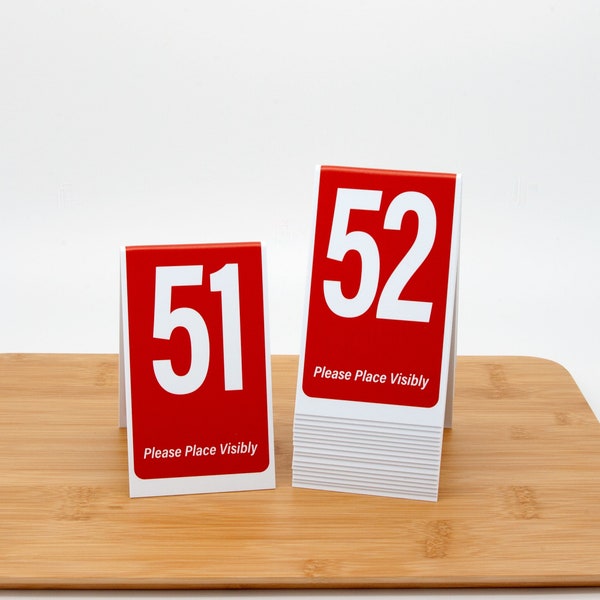Plastic Table Numbers 51-100, Tent Style, Red w/ White Numbers, Free Shipping