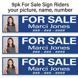 9pk Real Estate Sign Rider, FOR SALE, Picture, Name and Number, Blue w/ White, Corrugated Plastic, Free Shipping