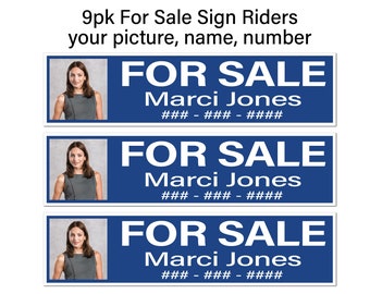 9pk Real Estate Sign Rider, FOR SALE, Picture, Name and Number, Blue w/ White, Corrugated Plastic, Free Shipping