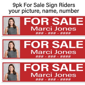 9pk Custom FOR SALE Sign Riders, Picture, Name and Number, Red w/ White, Corrugated Plastic, Free Shipping