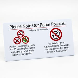 9pk No Smoking/No Pets In Room Sign w Penalty Fee, Plastic L Style Signs, Free Shipping