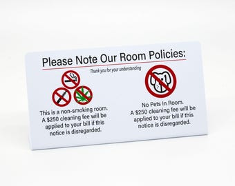 9pk No Smoking/No Pets In Room Sign w Penalty Fee, Plastic L Style Signs, Free Shipping