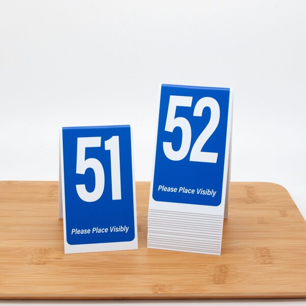 Plastic Table Numbers 51-100, Tent Style, Blue w/ White Numbers, Free Shipping