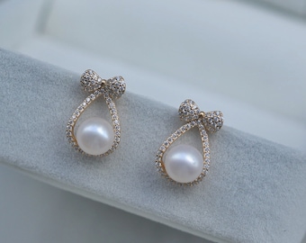 Dainty Ribbon Freshwater Pearl Stud EarringsSterling silver 925 and Gold,Cute mouse Studs,bow earrings,Christmas Gifts