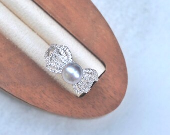 Dainty Blue and Gray Pearl ring,Natural Saltwater Pearl,Engagement Ring,925 Sterling Silver,Bow ring,Ribbon ring,Japanese madama pearl