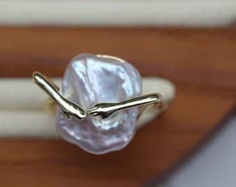 Baroque Pearl Adjustable Ring, Natural Freshwater Pearl, 14K Gold Plated Copper, Organic Statement Jewelry Gift