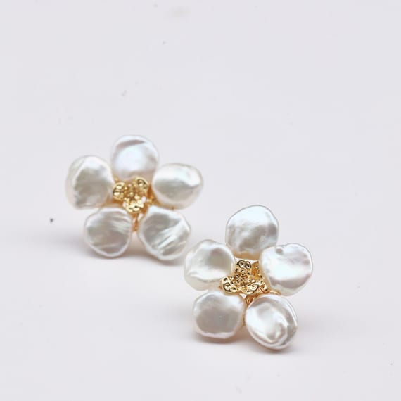 White Flower Pearl Stud Earrings - Gold Plated, Cubic Zirconia, Boho Minimalist Style - View #6