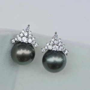 Tahitian Black Pearl Stud Earrings – 10-11mm Natural Sea Pearl, S925 Sterling Silver & CZ, Elegant Bridal or Gift Jewelry