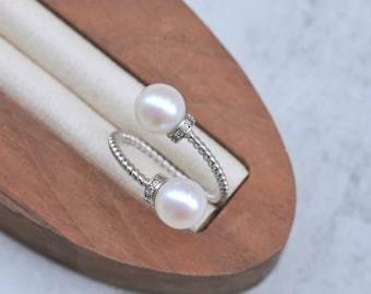 Double Pearl Open Ring, 925 Sterling Silver Adjustable Ring with 6–7mm Round Freshwater Pearls, Minimalist Modern Gift for Her