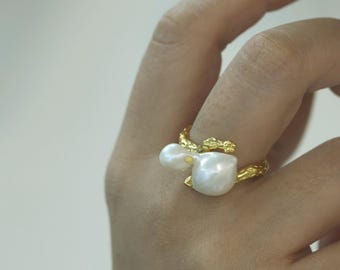 Doppelperlenring, S925 Vergoldete Natürliche Süßwasserperle Verstellbarer Ring, Minimalistisches Handgefertigtes Schmuck Geschenk für Sie