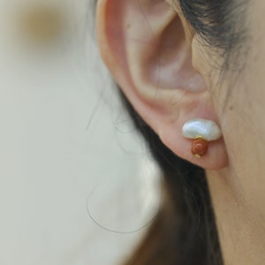 Handmade Mini Cloud Stud Earrings with Baroque Pearl and Red Agate,S925 Silver Gold Plated,Special Gift for her