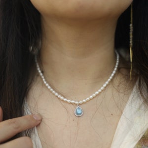 Natural Freshwater Pearl Beaded Necklace with tear drop shaped Aquamarine Pendant,S925 Silver, Handmade gemstone jewelry, Gift for her