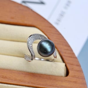 Handmade Black Pearl Ring | Statement Cocktail Ring for Wedding Party | 925 Sterling Silver & CZ | 11-12mm Tahitian Pearl Jewelry