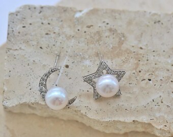 Star and Moon Pearl Earrings in 18K Gold Filled with Natural Freshwater Pearls and Zircon | Celestial Jewelry Gift for Women