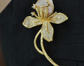 Handmade Baroque Pearl Flower Brooch | Statement Pin for Weddings & Formal Events | 14K Gold Filled Jewelry
