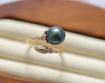 Real Tahitian Pearl Ring,Golden vingtage Flower bud Ring,925 silver Gold Plated,snake ring,adjustable ring,Gift for mon