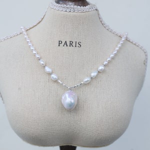 Collar de perlas barrocas hecho a mano, collar de perlas reales, collar de perlas irregulares grandes con plata rota, collar de gargantilla de perlas de gran tamaño