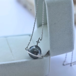 Black Pearl Planet Pendant Necklace,Saturn Necklace, Celestial Necklace, Space Necklace