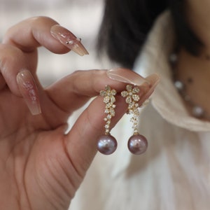 Floral Purple Freshwater Pearl Drop Earrings with Zircon – Natural Color Dangle Jewelry – Elegant Gift for Her