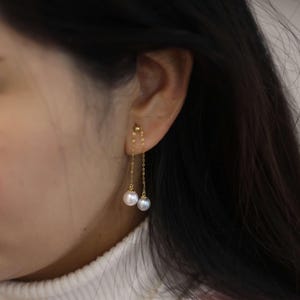 G18K Solid Gold Tassels Drop Earrings with Blue & Pink Akoya Pearls, Elegant Long Double Pearl Earrings for Weddings, Perfect Gift for Her