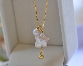 Handmade Golden Star Pearl Necklace,Star Baroque Freshwater Pearl,Cute Pearl Necklace,Christmas gift for her