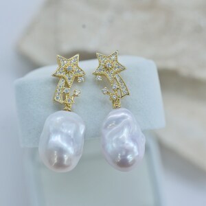 Golden Meteor Baroque Pearl Drop Earrings, Large Star Earrings, S925 Silver Gold Plated,Unique Jewelry Gift for Her