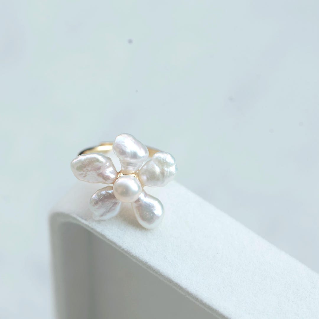 Spring Color Ring Handmade Flower Ring, Golden Spring Floral Ring With Real Baroque Pearl ...