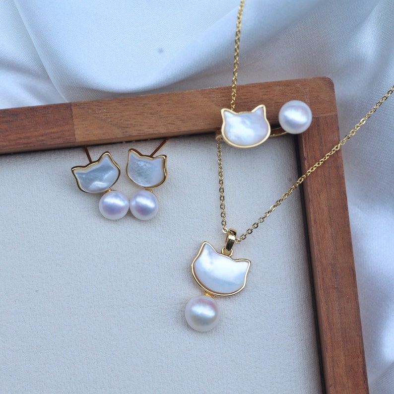 Kawaii Cat Pearl Jewelry Set,cute Cat Pearl Drop Earrings,cat Necklace ...