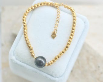 Tahitiaanse zwarte parelarmband, 9-10 mm natuurlijke zoutwaterparel op 18K vergulde S925 zilveren kralenketting, elegant cadeau voor vrouwen