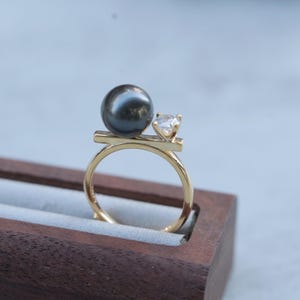 South Pacific Black Pearl Ring, Real Tahitian Pearl with Diamond, Adjustable Silver Ring for Women, Great Mother&#39;s Day Gift