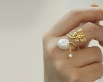 Barock Perle Verstellbarer Ring, S925 Vergoldet Natürliche Süßwasser Perle Ring mit Zirkon Bogen Design, Elegante Aussage Schmuck Geschenk für Sie