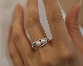 Double Pearl Ring in Sterling Silver with Zircon and Natural Freshwater Pearls | Dainty Open Band Adjustable Ring Gift for Women