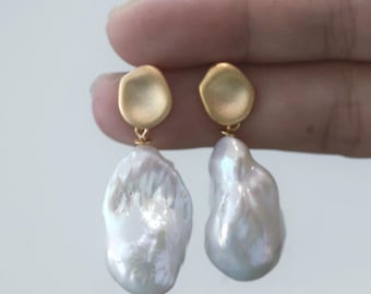 Boucles D'oreilles Anciennes - Perles Baroques Bleues & Saphirs - Plaqué Or - Occasion
