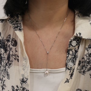 Freshwater Pearl Lariat Necklace, 9-10mm Pearl and Zircon Y Necklace, Perfect Bridal Necklace, Bridesmaid/Birthday Gift for Her