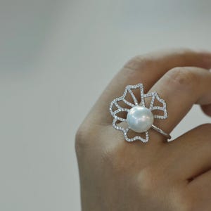 Silver huge statement ring,Freshwater Pearl big rings for women,oversized Flower adjustable ring,chunky large cocktail ring