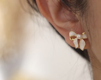 Dainty Bow Tie Stud Earrings with Freshwater Pearl,Tiny Gold Bowknot Wedding Earrings,Trendy Best Friend Gift