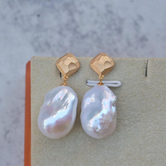 15-25mm Natural White Freshwater Baroque Pearl Dangle Earrings - Gold Stud, Screw Back 9 thumbnail image