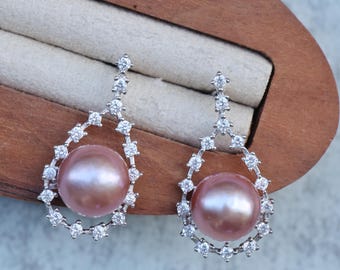 Lavender Edison Pearl Earrings 9-10mm Purple Pearl Halo Earrings S925 Sterling Silver CZ Bridal Earrings Mothers Day Gift