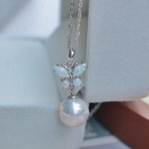 Butterfly Opal Pearl Necklace – S925 Sterling Silver Pendant with 9–10mm Edison Freshwater Pearl and Simulated Opal Birthstone Gift
