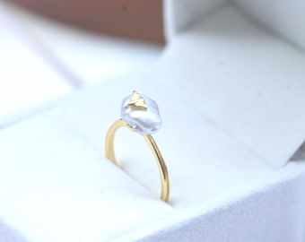 Baroque Pearl Ring – 925 Sterling Silver Gold Plated Ring with Natural Freshwater Pearl, Minimalist Handmade Jewelry Gift for Her