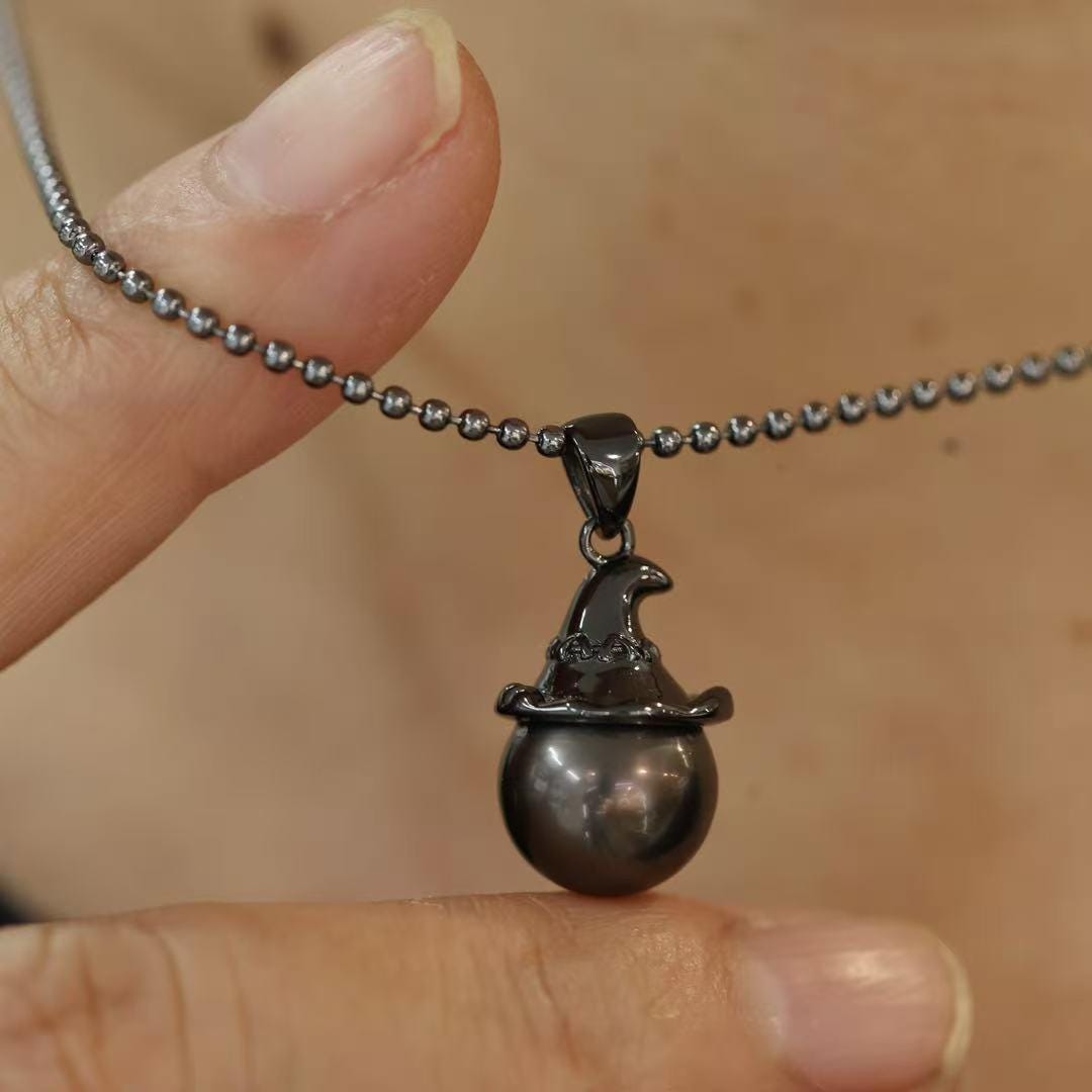 Tahitian Black Pearl Necklace, S925 Black Gold Witch Hat Pendant With 9 ...